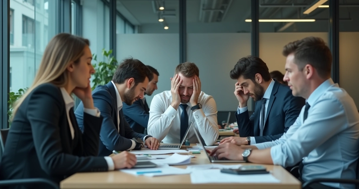 Pessoas trabalhando em escritório, alguns visivelmente estressados. 