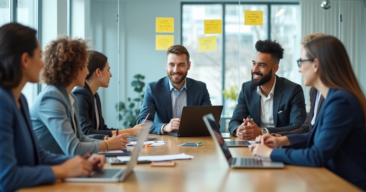Equipe de pessoas diversas reunida em uma sala de reuniões colaborando em um projeto, com expressões concentradas e diferentes tecnologias na mesa. 