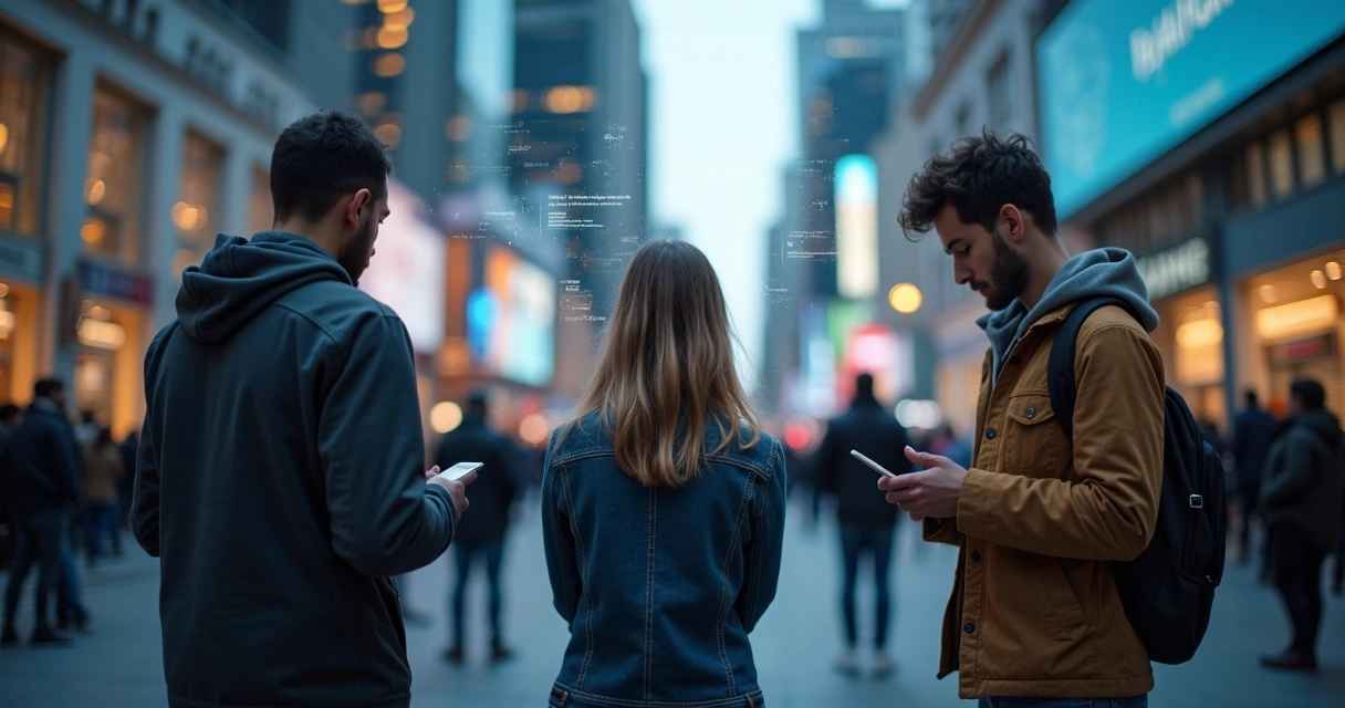 Pessoas em espaço urbano olhando telas e painéis digitais