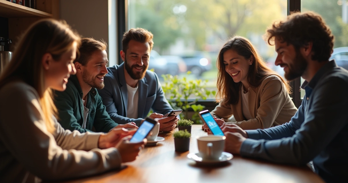 Pessoas usando aplicativo de fintech no celular com gráficos de cashback
