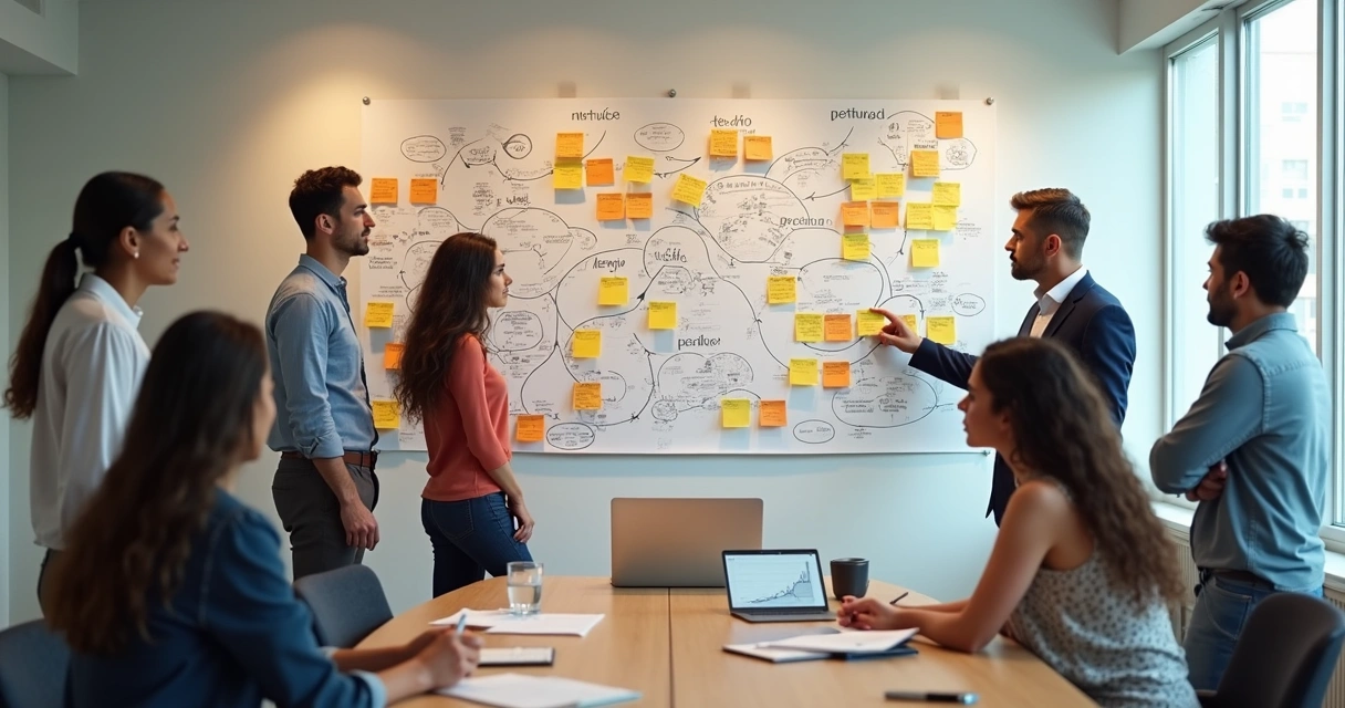 Grupo observando painel com mapa mental de crenças coletivas 