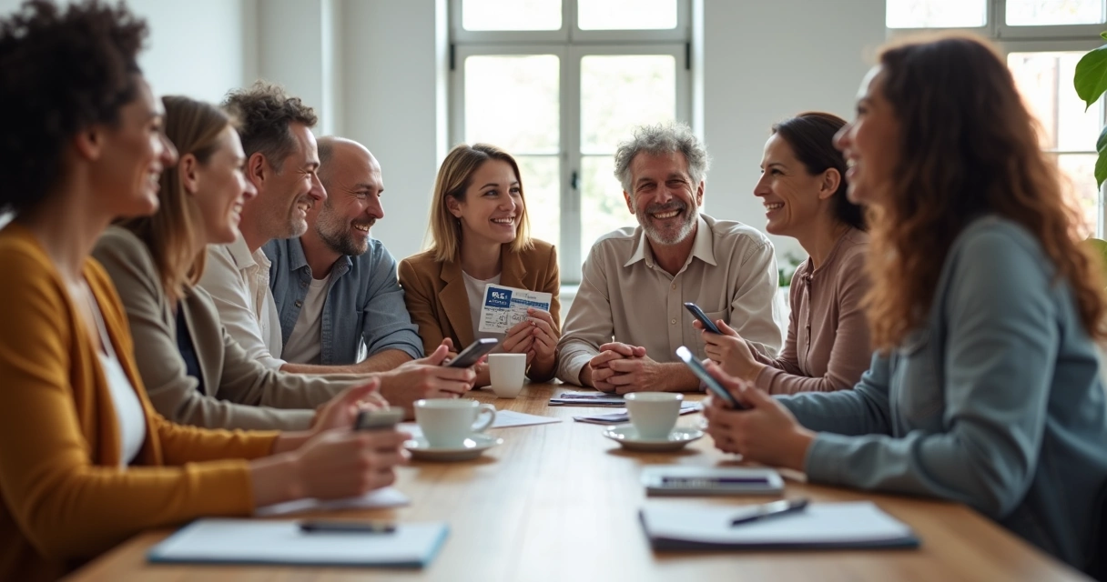 Grupo de pessoas sorrindo ao redor de uma mesa apostando em bolão da Mega-Sena 