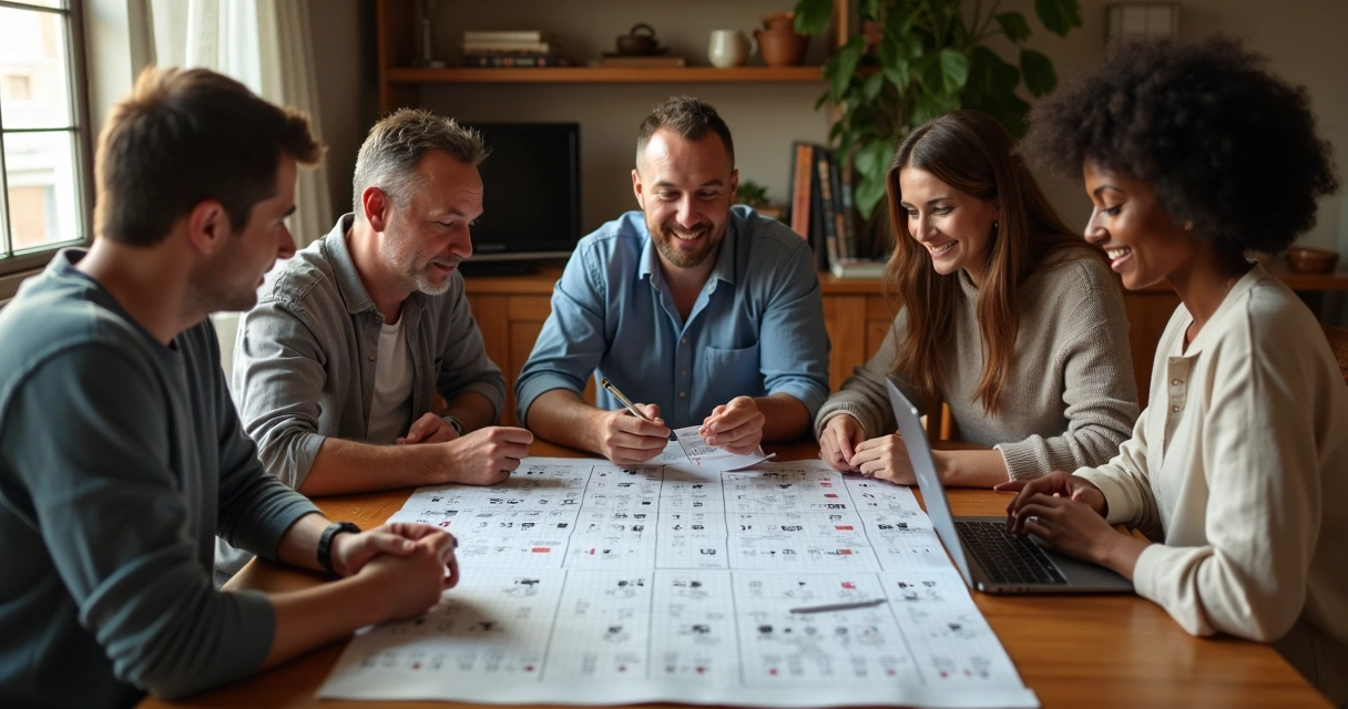 Grupo de pessoas reunidas analisando matriz de Lotofácil 
