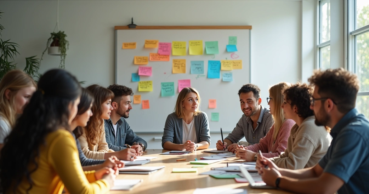 Pessoas planejando objetivos juntas em uma sala com anotações e quadros