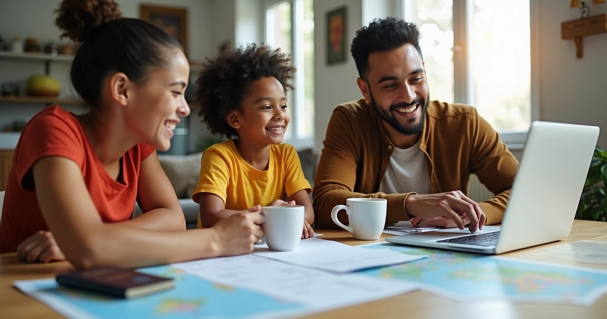Família brasileira planejando mudança internacional em frente a laptop 