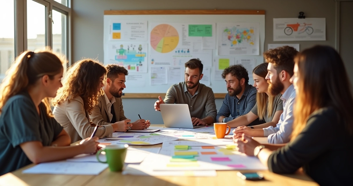 Grupo de pessoas discutindo projeto social em mesa de trabalho