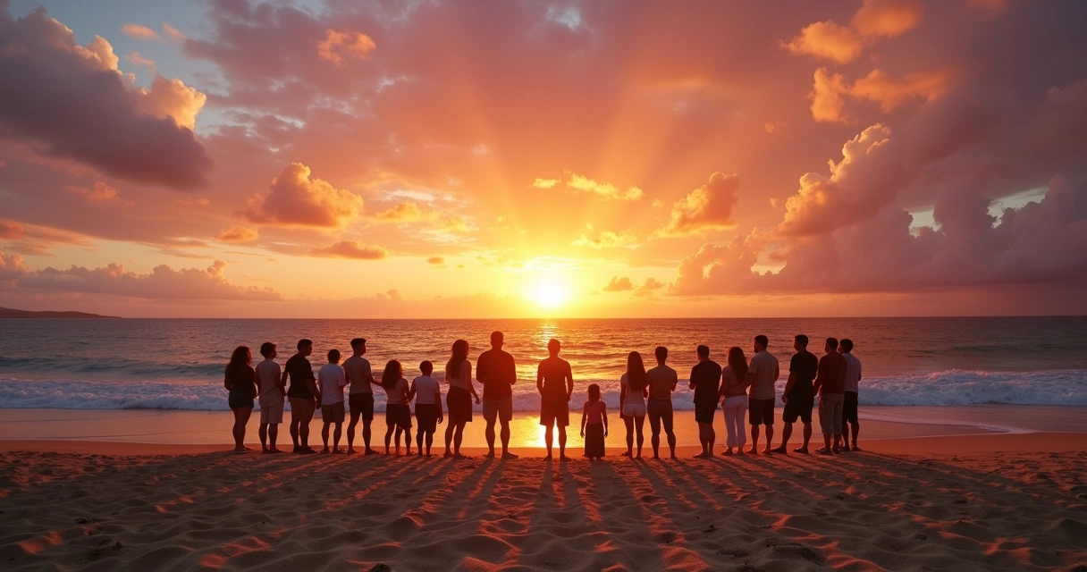 Grupo contemplando pôr do sol colorido em praia do Havaí 