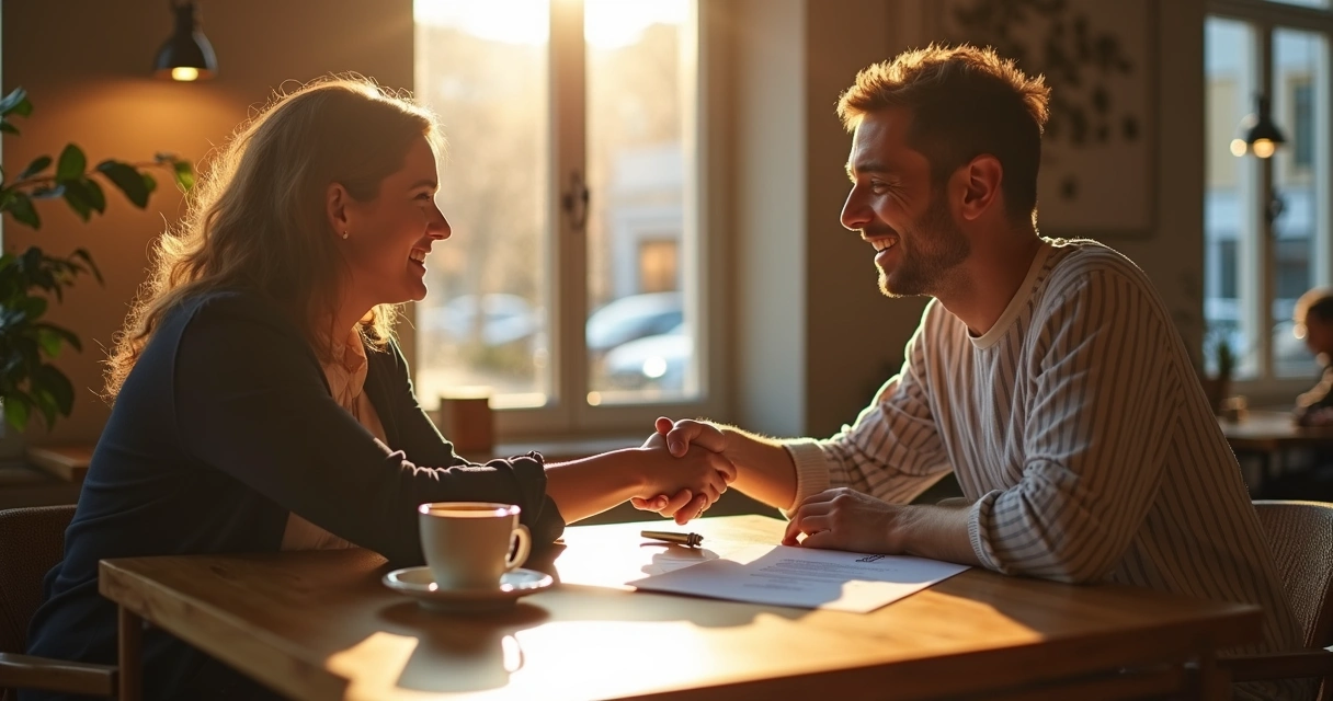 Duas pessoas sorrindo após fechar contrato, café, clima descontraído 