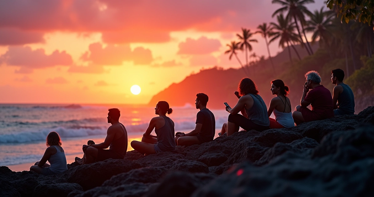Pessoas sentadas em pedras admirando pôr do sol na praia, aplaudindo o fim do dia 