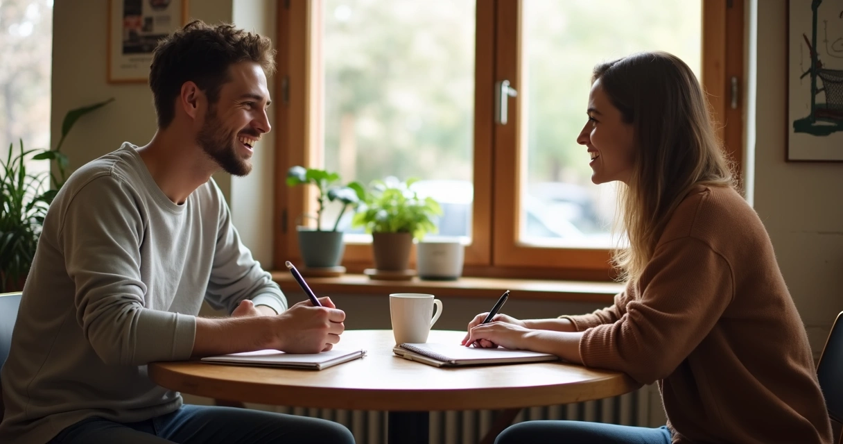 Duas pessoas sentadas à mesa, praticando diálogo em ambiente descontraído