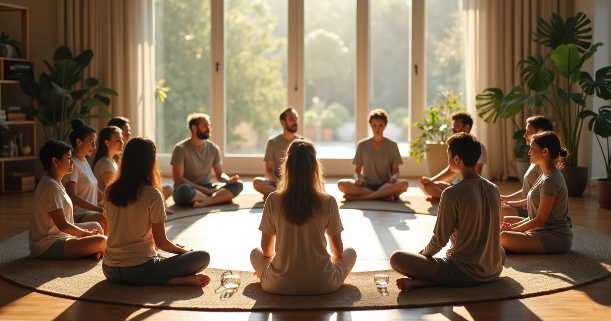 Grupo de pessoas sentadas em círculo praticando uma atividade meditativa no cotidiano, com luz suave ao fundo.