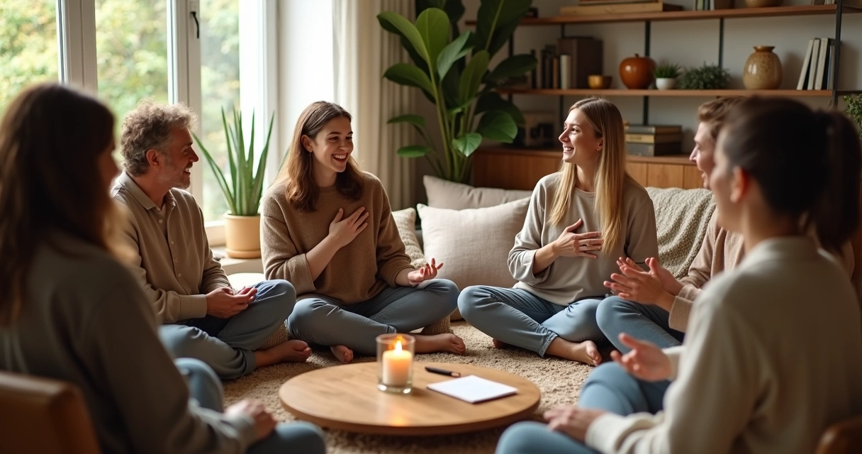 Grupo de pessoas em roda expressando gratidão e conexão 
