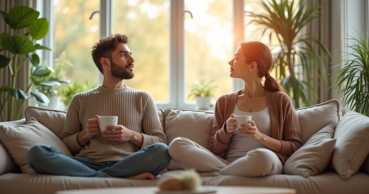 Duas pessoas sentadas em uma sala iluminada, respirando profundamente e olhando ao redor em silêncio 