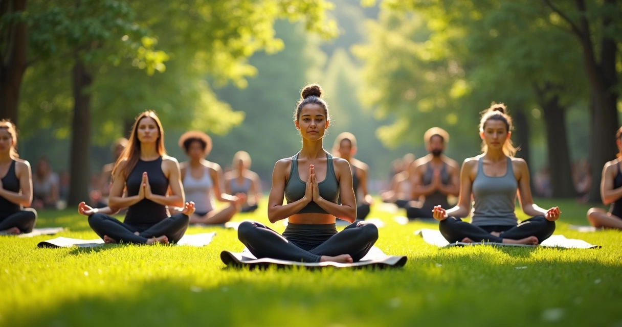 Grupo de pessoas fazendo posturas de ioga ao ar livre
