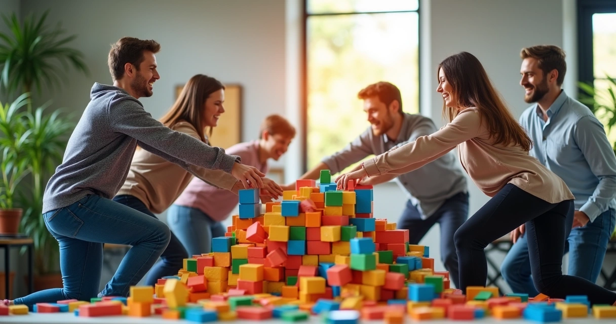 Pessoas quebrando uma parede simbólica de blocos coloridos. 