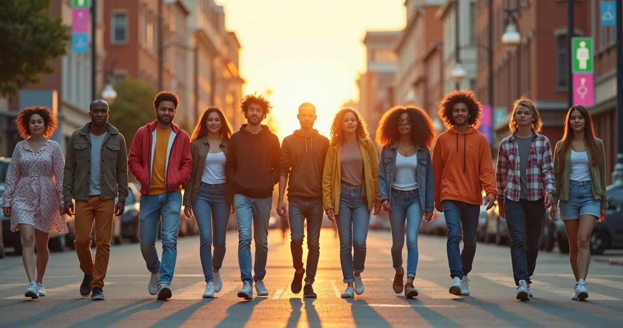 Grupo diverso caminhando quebrando símbolos de heteronormatividade 
