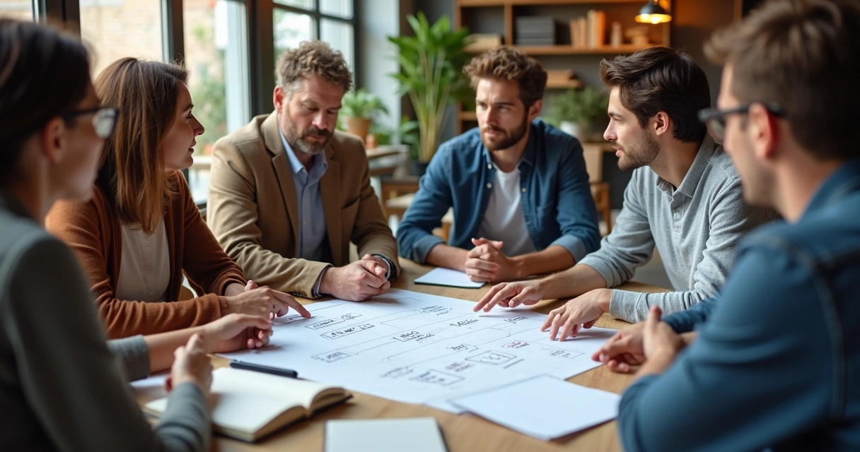 Grupo de pessoas sentadas em círculo conversando e questionando ideias escritas em um quadro de papel ao centro