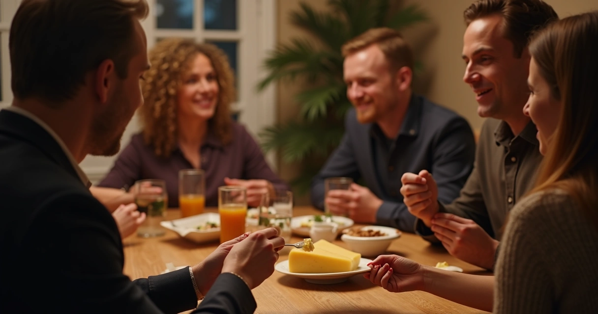 Pessoa recusa queijo em festa, amigos observam de forma respeitosa 