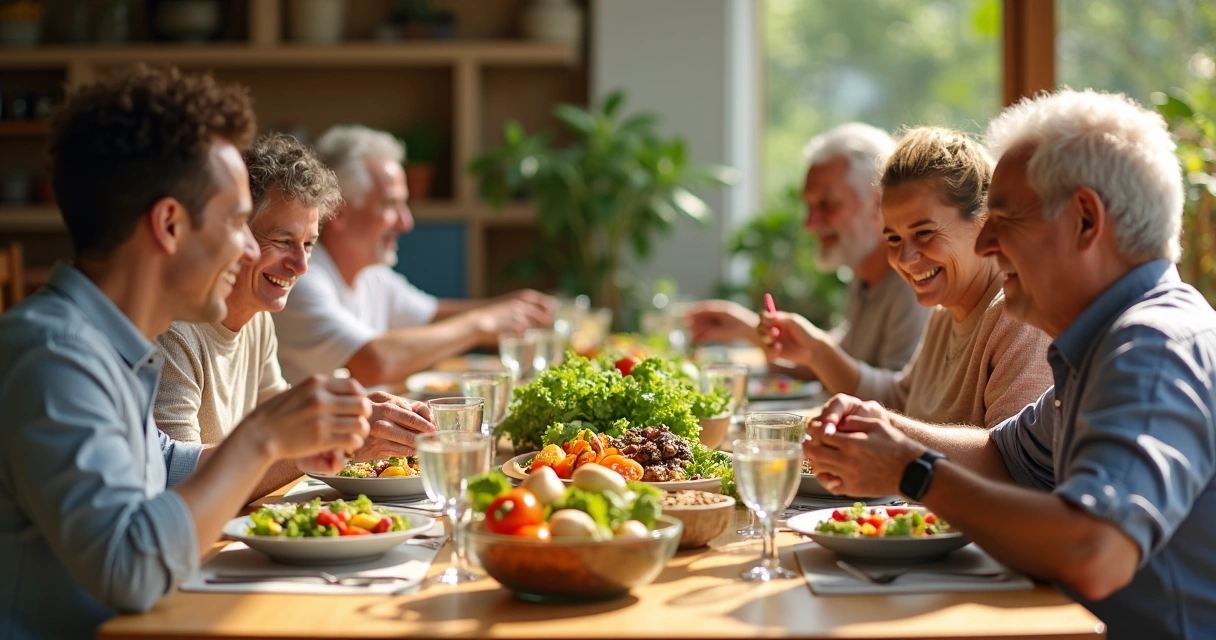 Grupo de pessoas compartilhando refeição saudável e sorrindo 