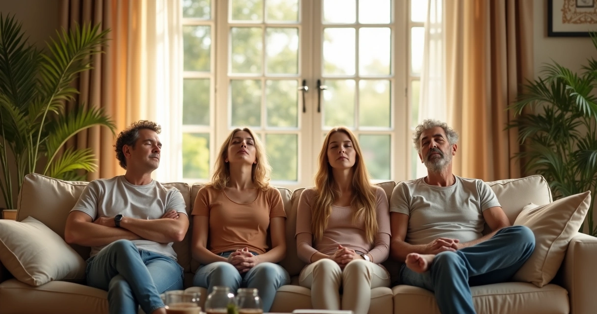 Grupo de pessoas refletindo em silêncio em sala de estar iluminada 