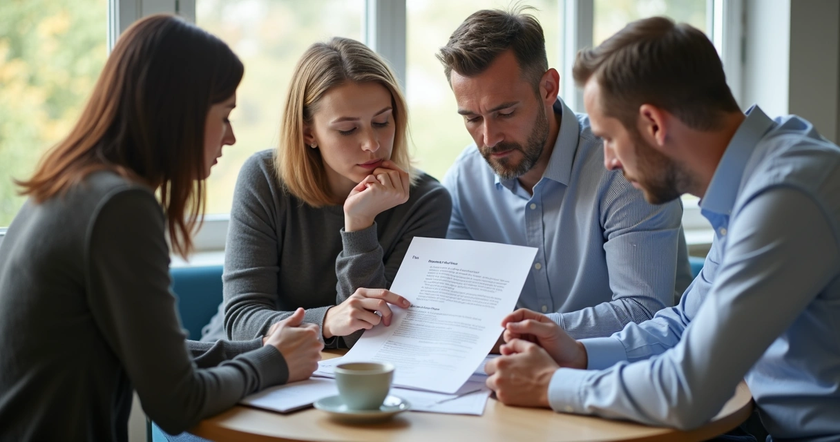 Três pessoas sentadas ao redor de uma mesa analisando um documento juntos 
