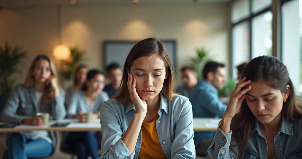 Pessoas refletindo em uma sala de trabalho, expressando diferentes emoções, com atmosfera calma e luz suave 