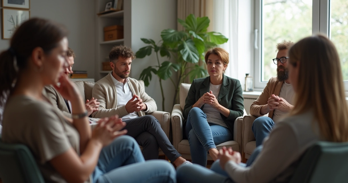 Grupo de pessoas sentadas em círculo olhando para as próprias mãos 