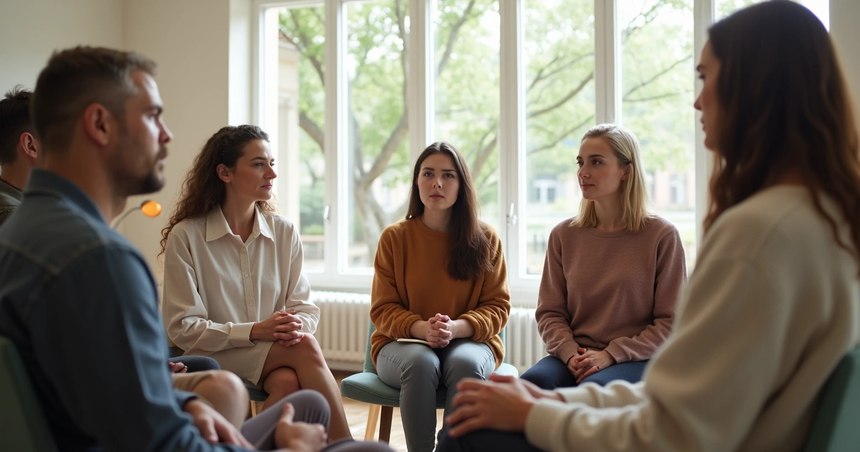 Grupo sentado em círculo, refletindo profundamente, com expressões serenas e ambiente iluminado por luz natural.