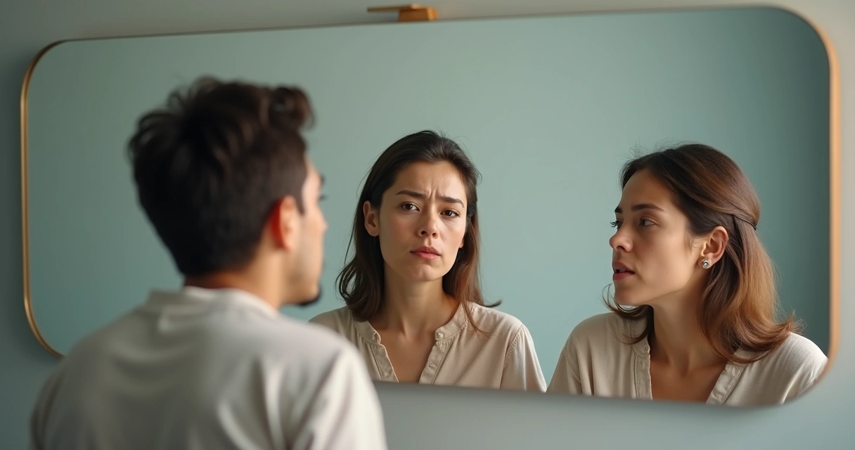 Três pessoas de diferentes idades olhando para o próprio reflexo em um espelho, cada uma com expressão diferente. 