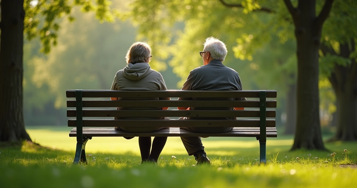 Duas pessoas sentadas em um banco de parque, imersas em reflexão, com natureza ao fundo
