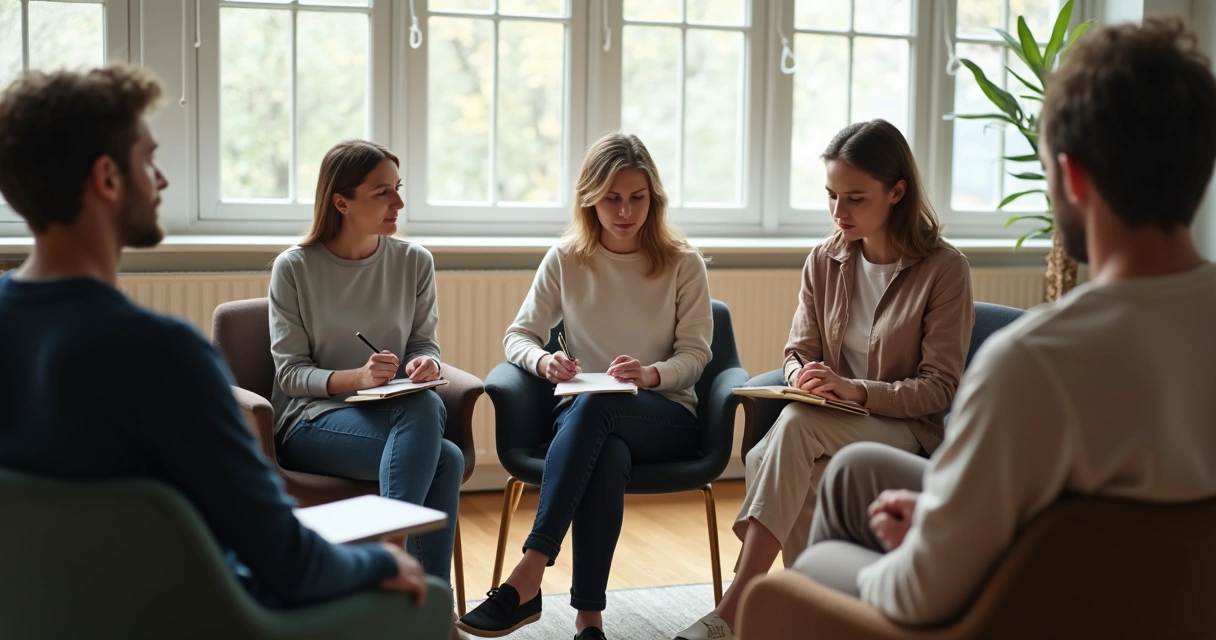 Grupo de pessoas sentadas em círculo refletindo juntos 