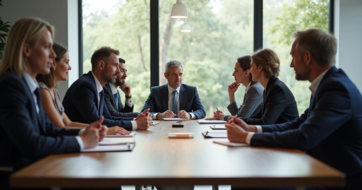 Colegas de trabalho sentados ao redor de mesa de reunião, refletindo e anotando em notebooks 