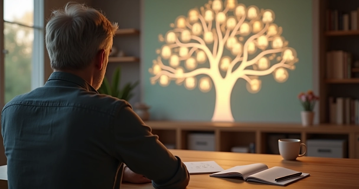 Pessoa refletindo diante de árvore genealógica projetada na parede 