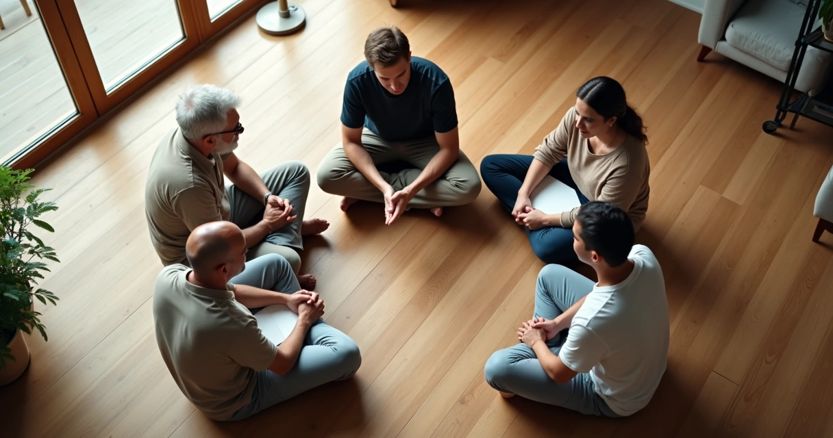 Grupo de pessoas em roda visto de cima com sombras formando um círculo repetido 