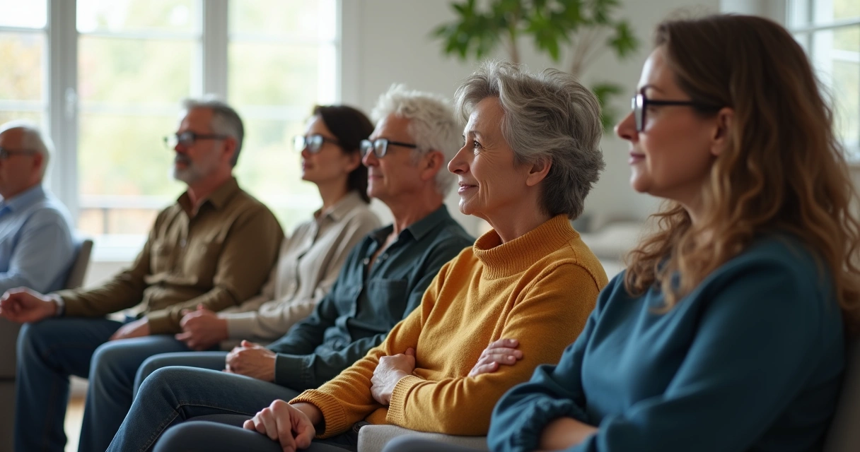 Grupo de pessoas de diferentes idades refletindo juntas em sala iluminada 
