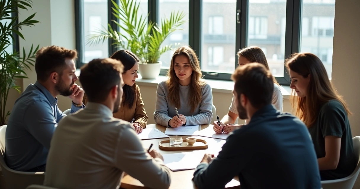 Time sentado em círculo em reunião reflexiva 