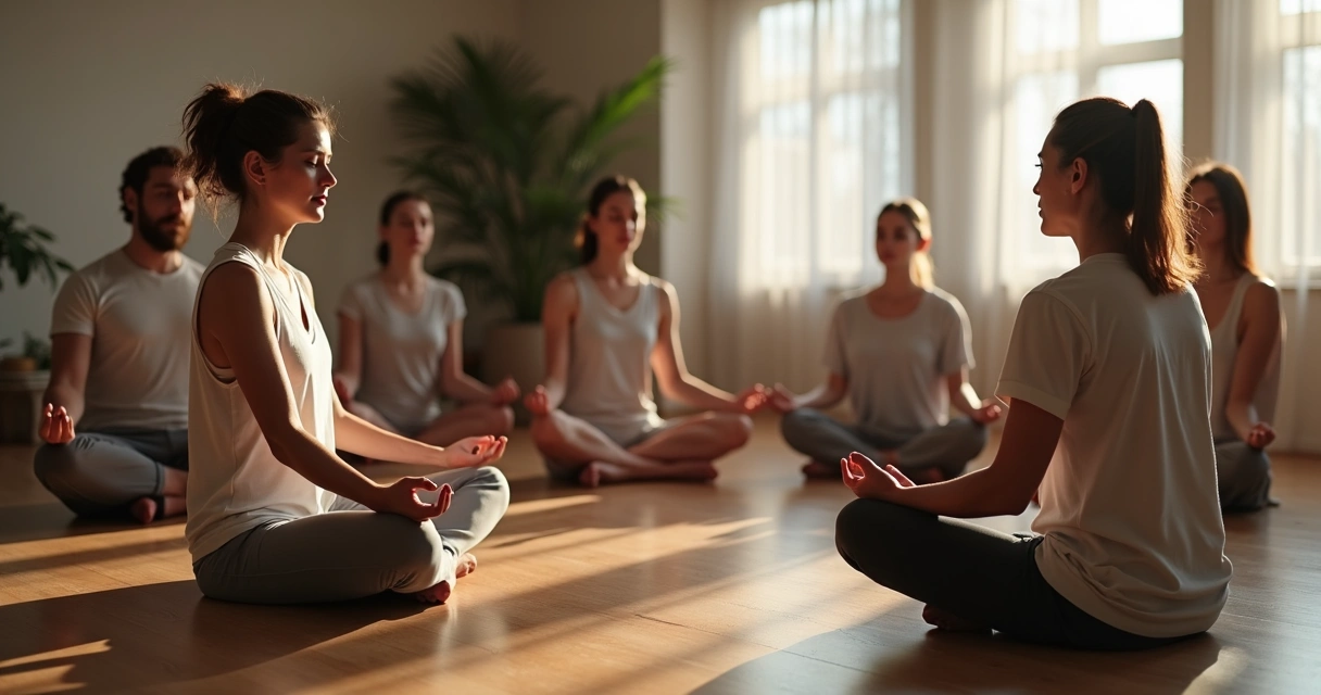 Grupo pequeno de pessoas sentadas respirando juntas em círculo