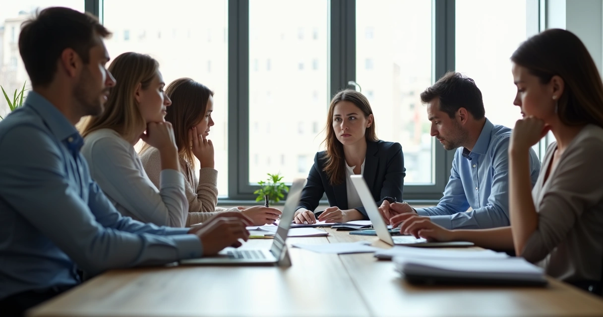Profissionais em reunião corporativa com expressões preocupadas, sentados em torno de uma mesa 