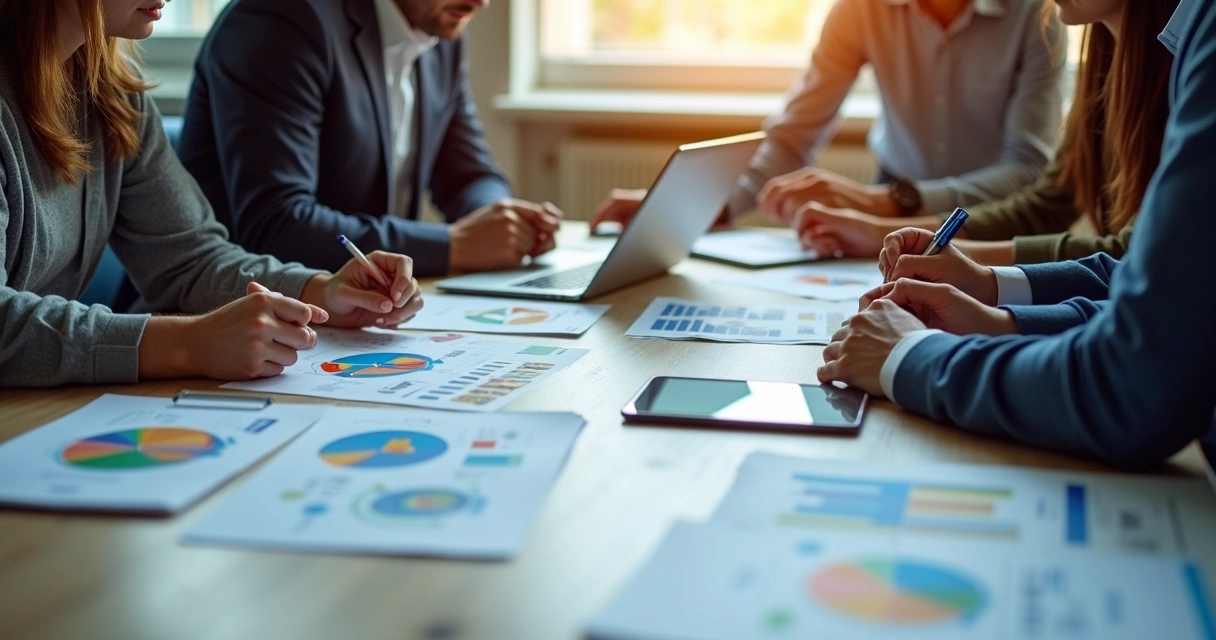 Equipe analisando gráficos de marketing em uma mesa de reunião. 