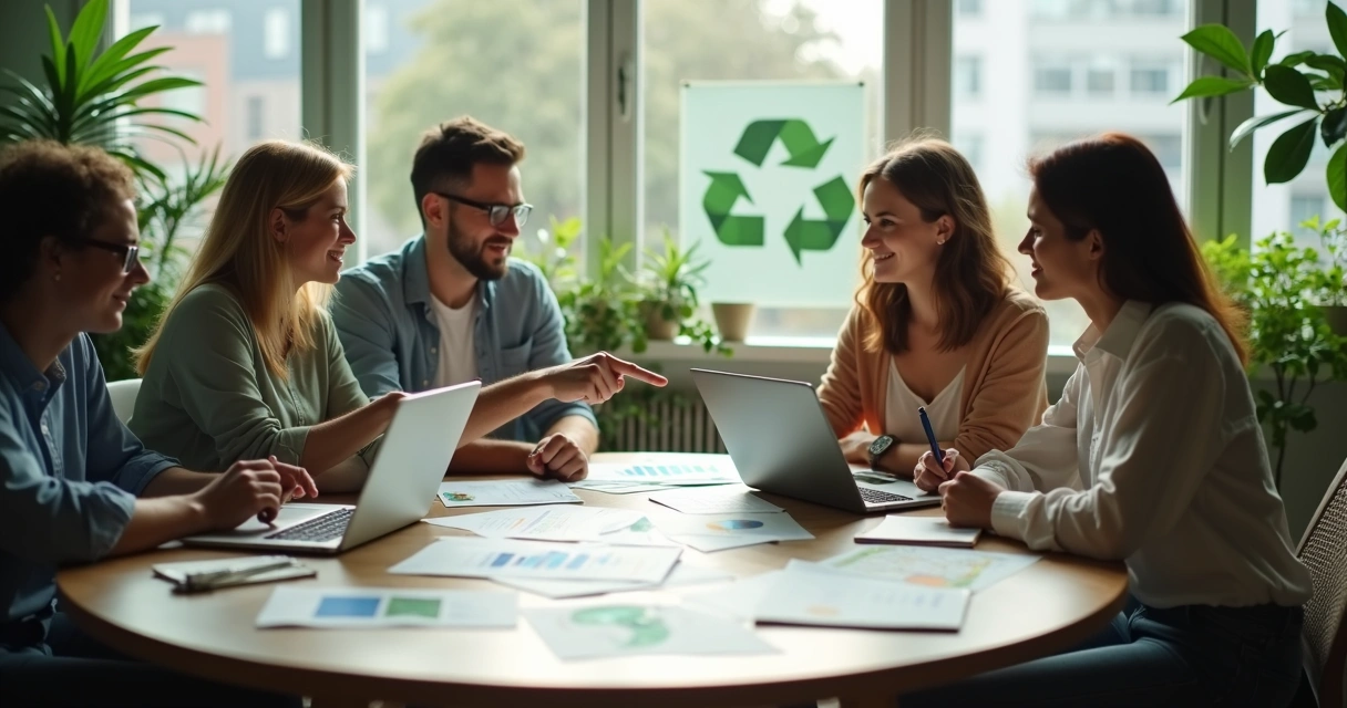 Grupo de pessoas em mesa apresentando projetos ambientais usando notebook, cartazes de reciclagem e gráficos mostrando crescimento 