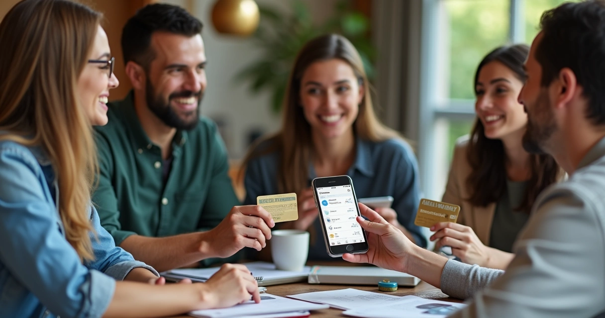 Grupo de pessoas trocando dicas sobre cartões na mesa 