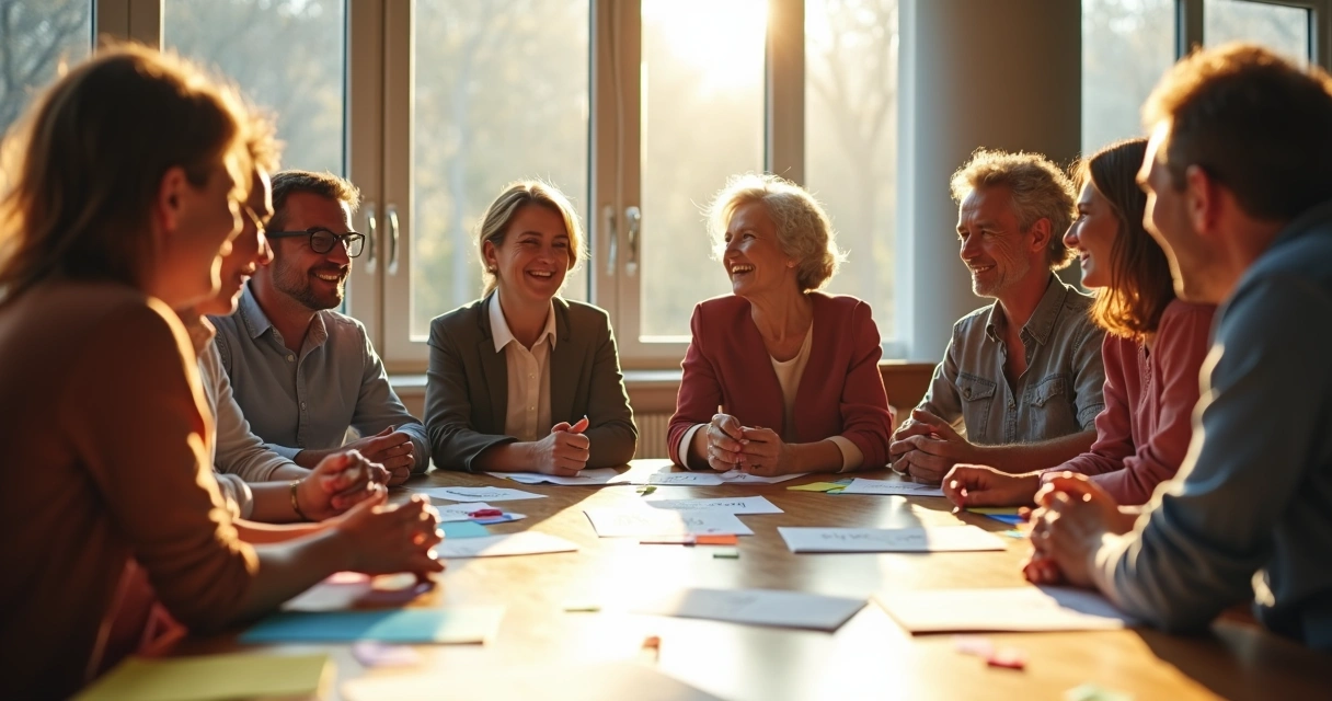 Grupo de pessoas sentadas em círculo, discutindo ideias e rindo, com papéis coloridos sobre a mesa.