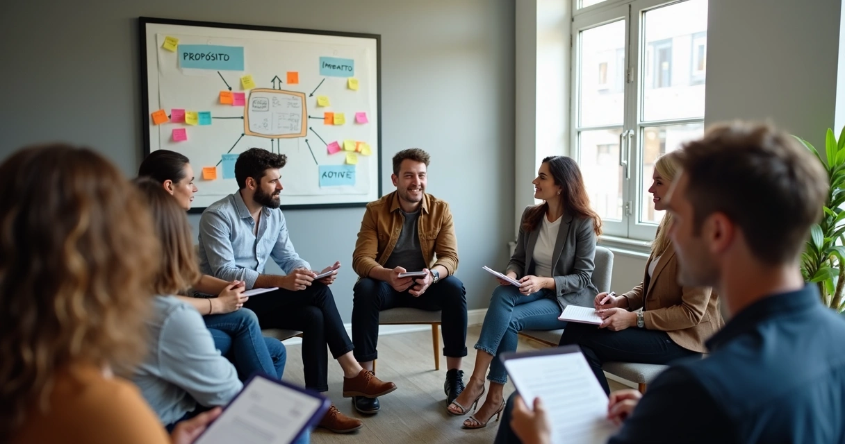 Equipe sentada em círculo discutindo valores pessoais e organizacionais 