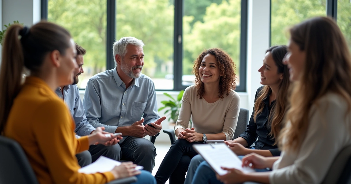 Equipe de pessoas em círculo discutindo e colaborando 