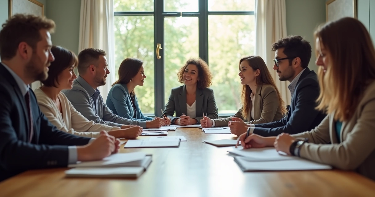 Grupo de pessoas reunido ao redor de mesa discutindo uma decisão 