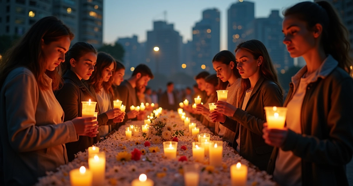 Pessoas fazendo homenagem coletiva ao ar livre 