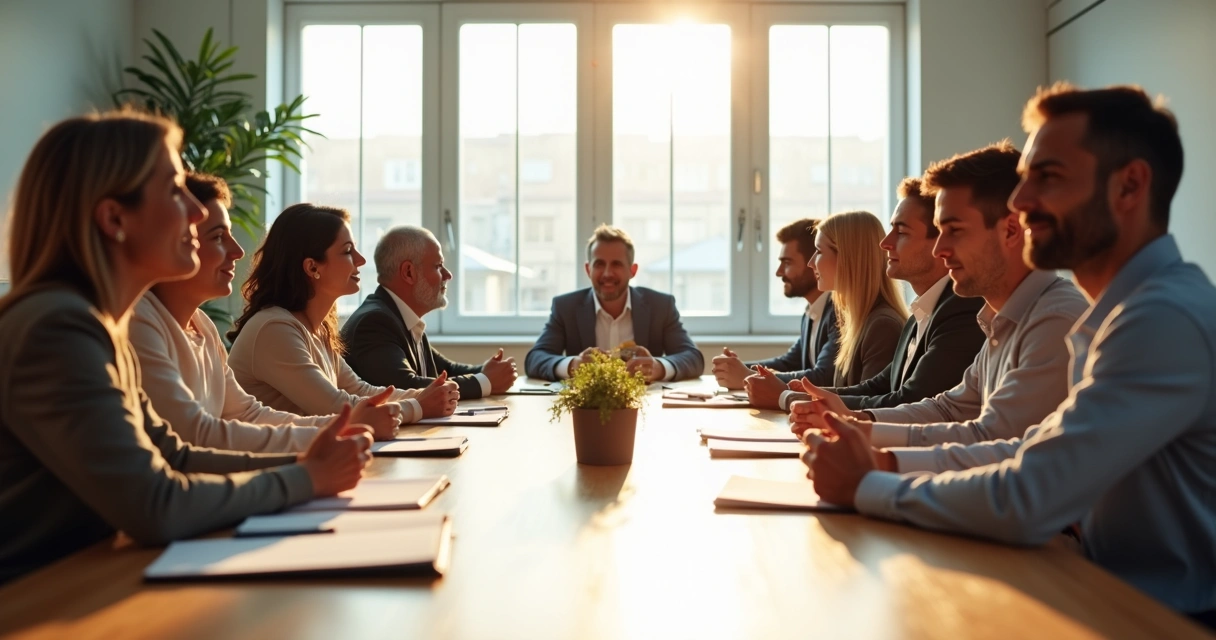 Pessoas sentadas ao redor de uma mesa praticando mindfulness antes de reunião.