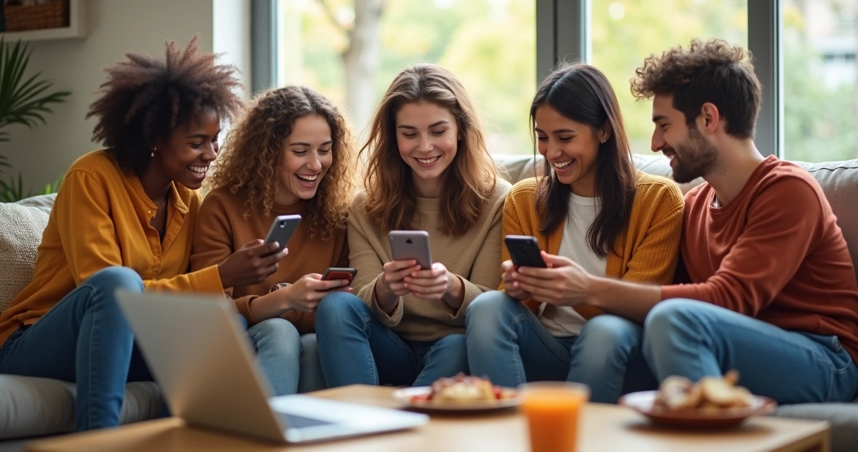 Grupo de amigos rindo e compartilhando memes pelo celular