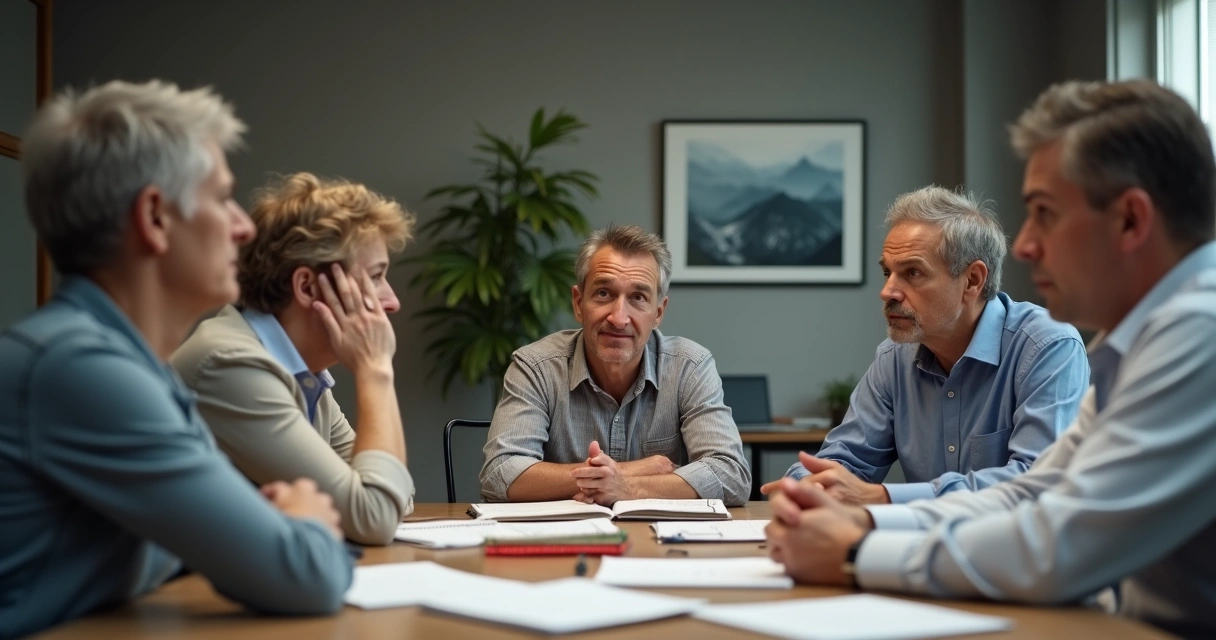 Grupo de pessoas em uma sala refletindo, com expressões de dúvida 