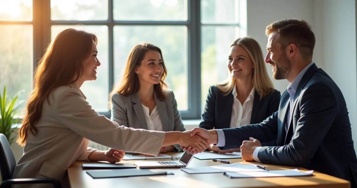 Clientes satisfeitos apertando as mãos com consultor financeiro